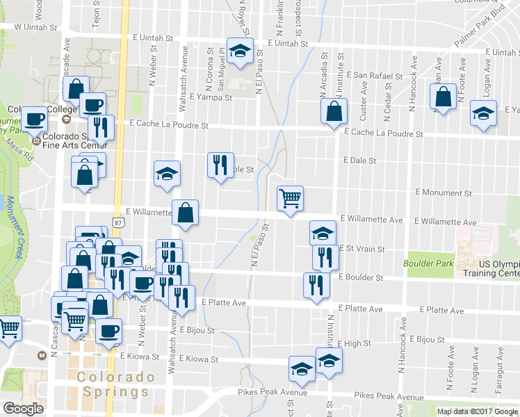 map of restaurants, bars, coffee shops, grocery stores, and more near 710 East Willamette Avenue in Colorado Springs