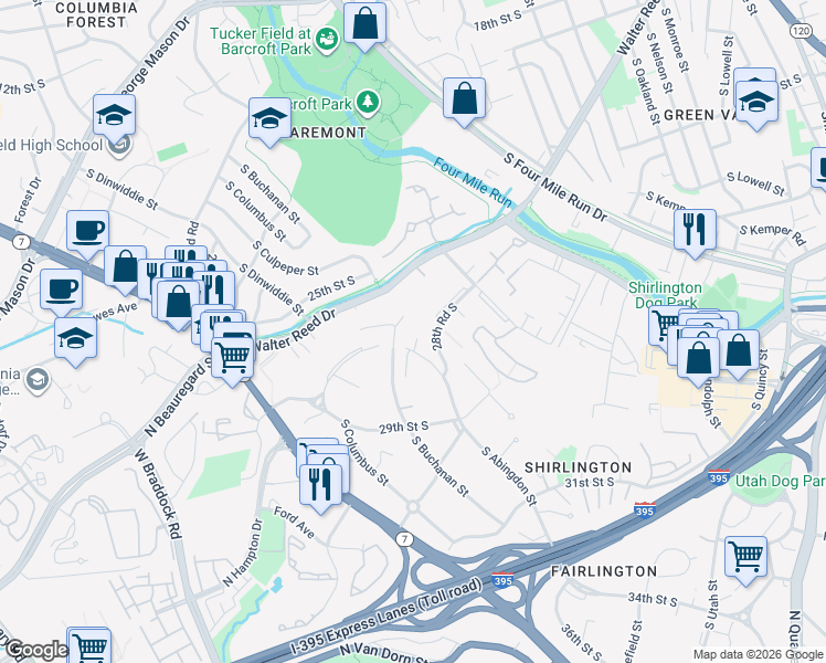 map of restaurants, bars, coffee shops, grocery stores, and more near 2417 South Walter Reed Drive in Arlington