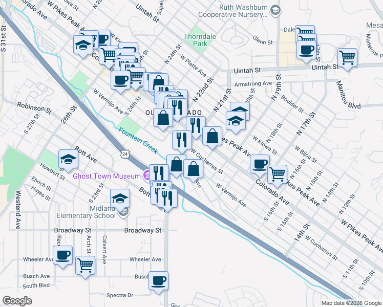 map of restaurants, bars, coffee shops, grocery stores, and more near 2029 West Cucharras Street in Colorado Springs