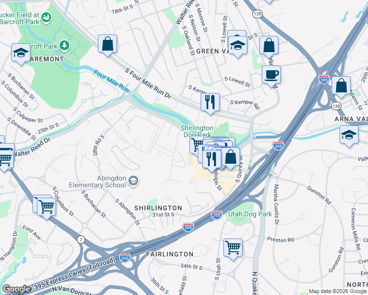 map of restaurants, bars, coffee shops, grocery stores, and more near 2701 South Taylor Street in Arlington