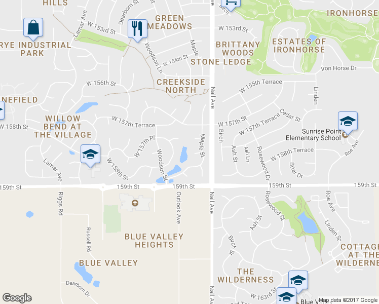 map of restaurants, bars, coffee shops, grocery stores, and more near 5614 West 158th Street in Overland Park