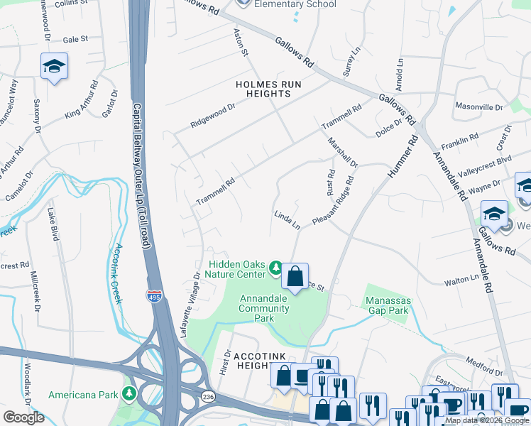map of restaurants, bars, coffee shops, grocery stores, and more near 3900 Malcolm Court in Annandale