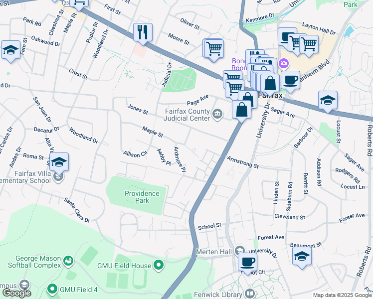 map of restaurants, bars, coffee shops, grocery stores, and more near 10619 Maple Street in Fairfax