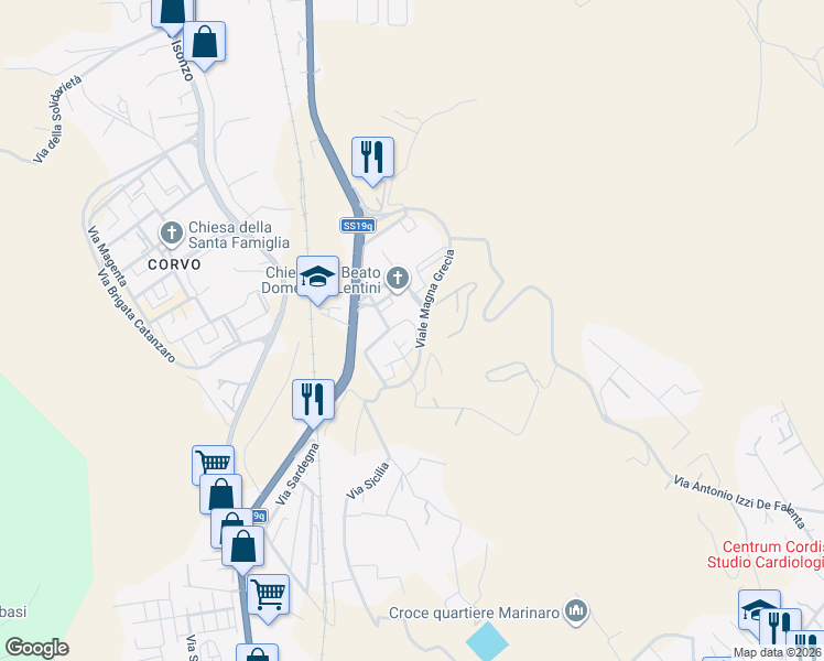 map of restaurants, bars, coffee shops, grocery stores, and more near 65 Via Teano in Catanzaro