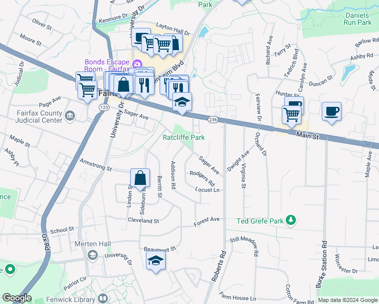 map of restaurants, bars, coffee shops, grocery stores, and more near 10301 Sager Avenue in Fairfax