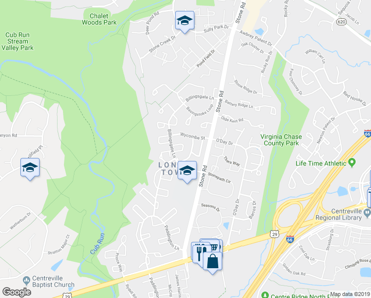 map of restaurants, bars, coffee shops, grocery stores, and more near 14733 Gatwick Square in Centreville