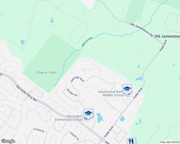 map of restaurants, bars, coffee shops, grocery stores, and more near 4224 Corrales Drive in Florissant