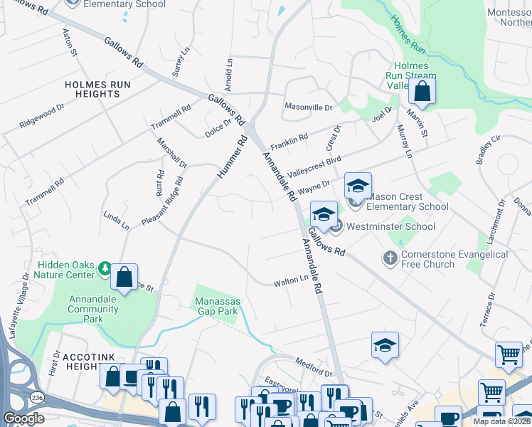 map of restaurants, bars, coffee shops, grocery stores, and more near 3722 Krysia Court in Annandale