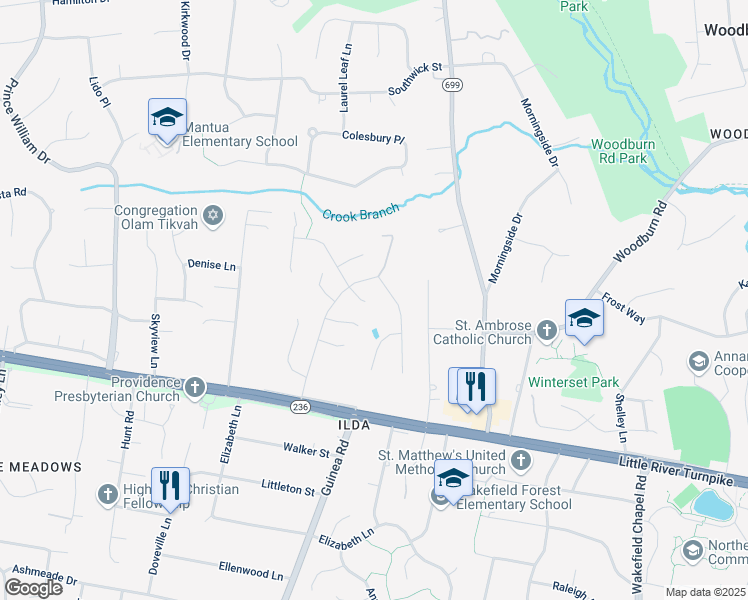 map of restaurants, bars, coffee shops, grocery stores, and more near 8802 Glade Hill Road in Fairfax