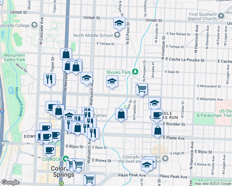 map of restaurants, bars, coffee shops, grocery stores, and more near 620 East Willamette Avenue in Colorado Springs