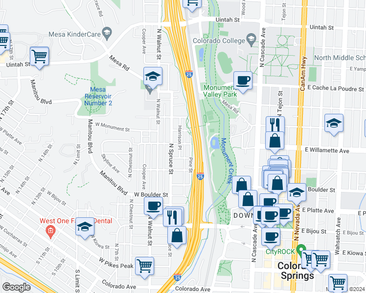 map of restaurants, bars, coffee shops, grocery stores, and more near 311 West Willamette Avenue in Colorado Springs