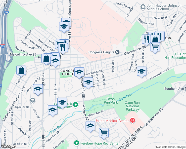 map of restaurants, bars, coffee shops, grocery stores, and more near 1001 Savannah Street Southeast in Washington