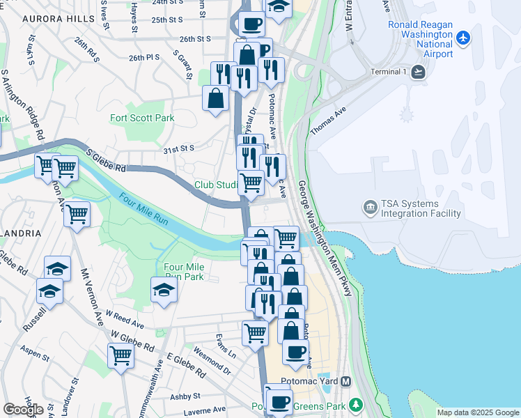 map of restaurants, bars, coffee shops, grocery stores, and more near 3600 South Glebe Road in Arlington