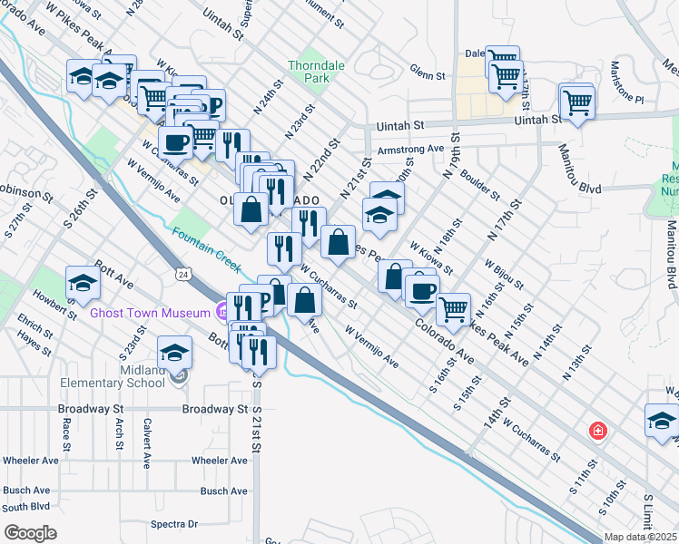 map of restaurants, bars, coffee shops, grocery stores, and more near 2006 West Cucharras Street in Colorado Springs
