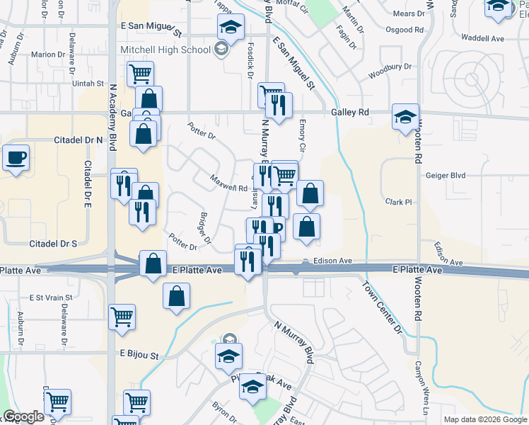 map of restaurants, bars, coffee shops, grocery stores, and more near 611 North Murray Boulevard in Colorado Springs