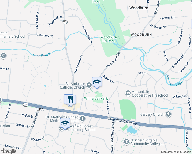 map of restaurants, bars, coffee shops, grocery stores, and more near 3802 Woodburn Road in Woodburn