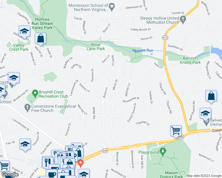 map of restaurants, bars, coffee shops, grocery stores, and more near 3710 Moss Drive in Annandale