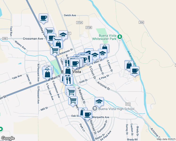 map of restaurants, bars, coffee shops, grocery stores, and more near 418 Cedar Street in Buena Vista