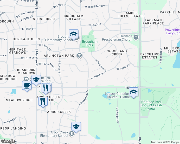 map of restaurants, bars, coffee shops, grocery stores, and more near 15896 West 157th Terrace in Olathe