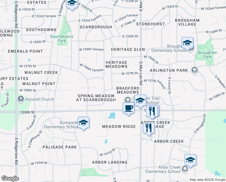 map of restaurants, bars, coffee shops, grocery stores, and more near 16791 West 158th Street in Olathe