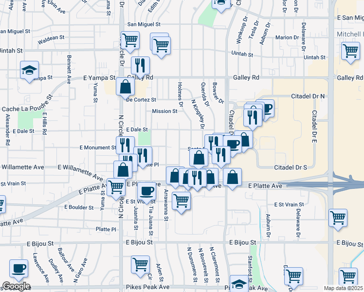 map of restaurants, bars, coffee shops, grocery stores, and more near 3304 Santa Rosa Street in Colorado Springs