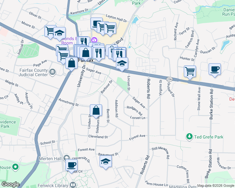 map of restaurants, bars, coffee shops, grocery stores, and more near 4106 Addison Road in Fairfax