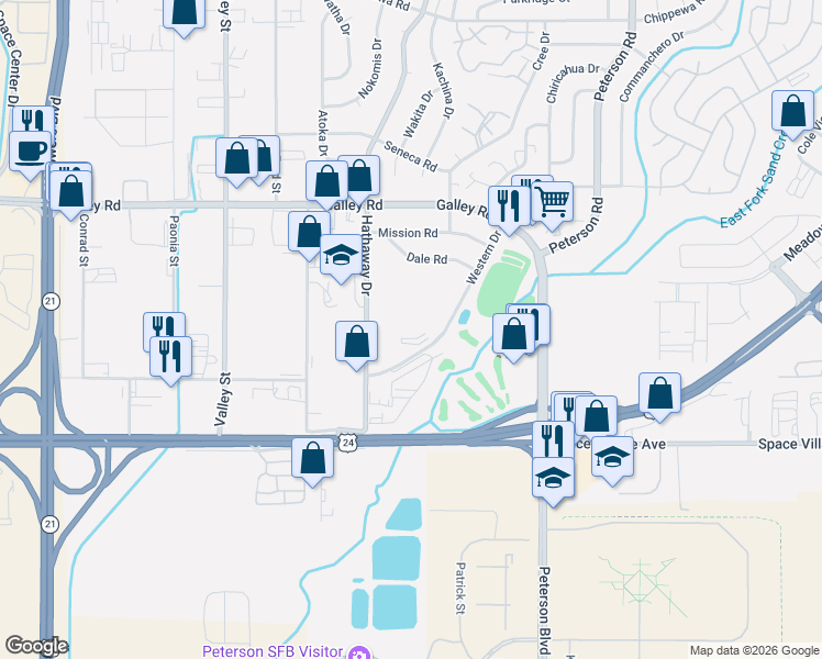 map of restaurants, bars, coffee shops, grocery stores, and more near 742 Great Western Drive in Colorado Springs