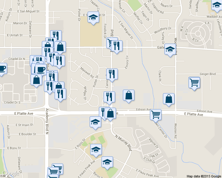 map of restaurants, bars, coffee shops, grocery stores, and more near 611 North Murray Boulevard in Colorado Springs