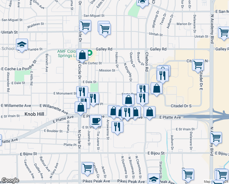 map of restaurants, bars, coffee shops, grocery stores, and more near 3304 Santa Rosa Street in Colorado Springs