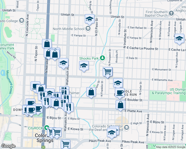 map of restaurants, bars, coffee shops, grocery stores, and more near 710 East Willamette Avenue in Colorado Springs
