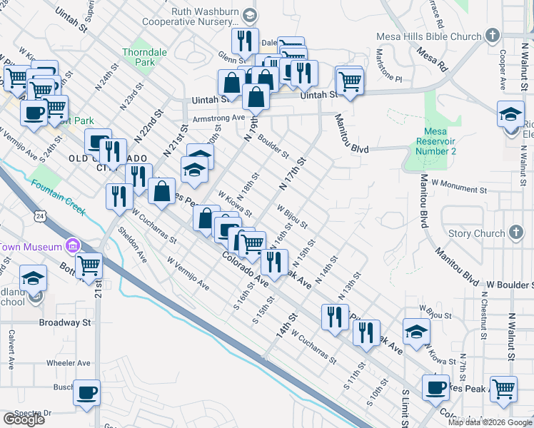 map of restaurants, bars, coffee shops, grocery stores, and more near 1625 West Bijou Street in Colorado Springs