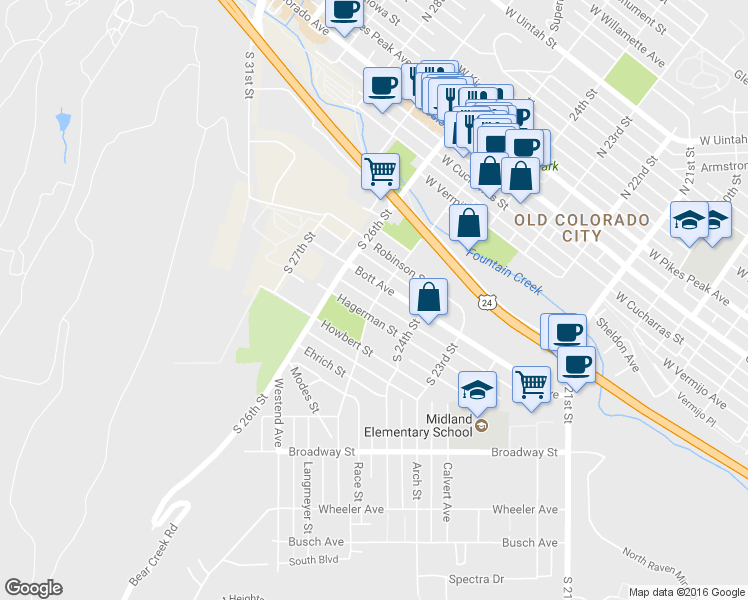 map of restaurants, bars, coffee shops, grocery stores, and more near 2510 Hagerman Street in Colorado Springs