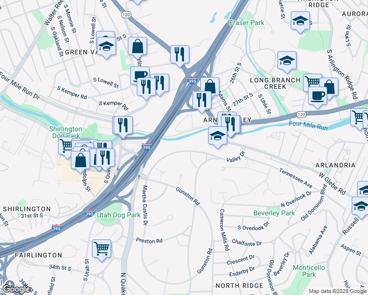 map of restaurants, bars, coffee shops, grocery stores, and more near 1225 Martha Custis Drive in Alexandria