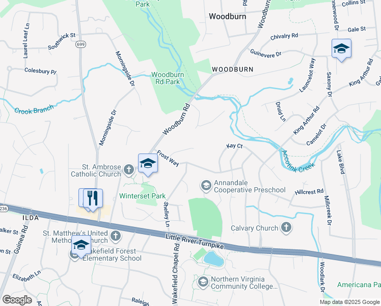 map of restaurants, bars, coffee shops, grocery stores, and more near 8505 Browning Court in Annandale