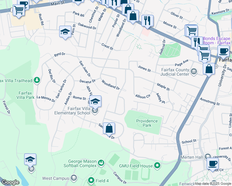 map of restaurants, bars, coffee shops, grocery stores, and more near 4222 Lamarre Drive in Fairfax