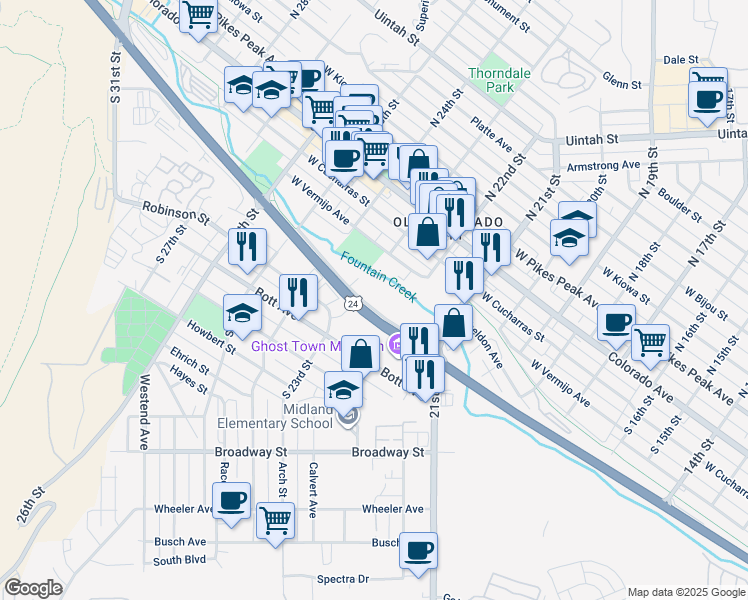 map of restaurants, bars, coffee shops, grocery stores, and more near 2264 Naegele Road in Colorado Springs