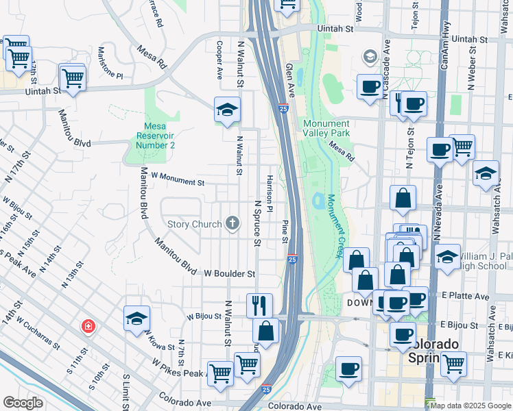 map of restaurants, bars, coffee shops, grocery stores, and more near 618 North Spruce Street in Colorado Springs