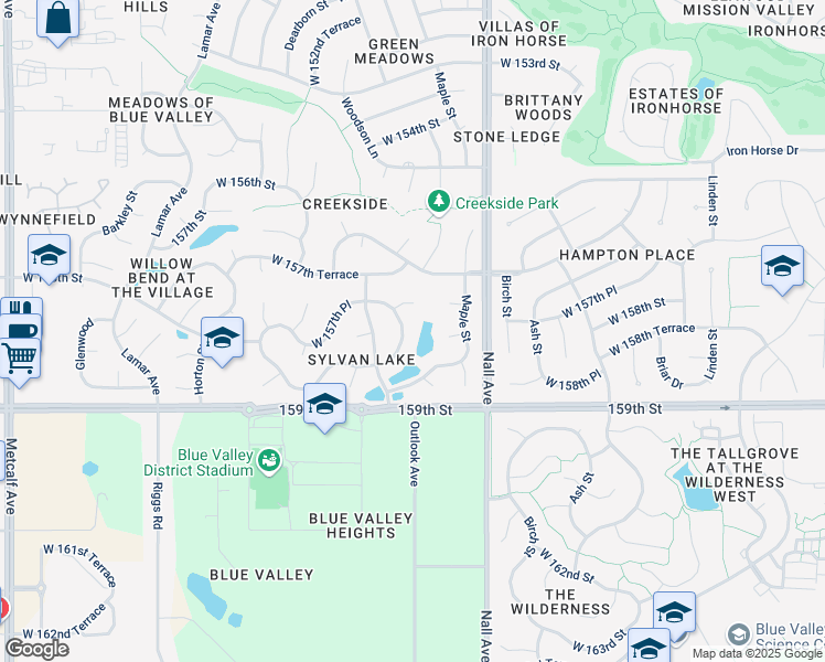 map of restaurants, bars, coffee shops, grocery stores, and more near 5614 West 158th Street in Overland Park