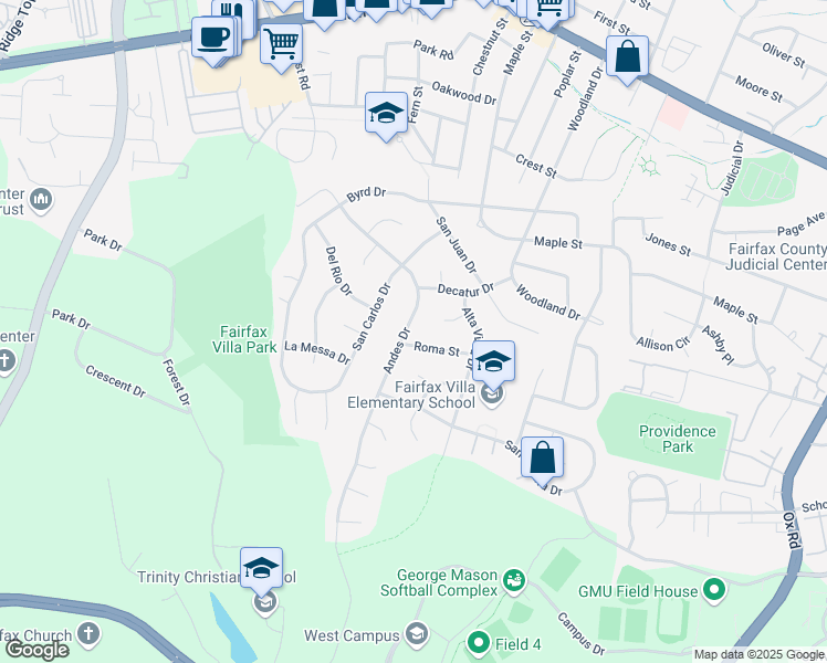 map of restaurants, bars, coffee shops, grocery stores, and more near 4337 Andes Drive in Fairfax