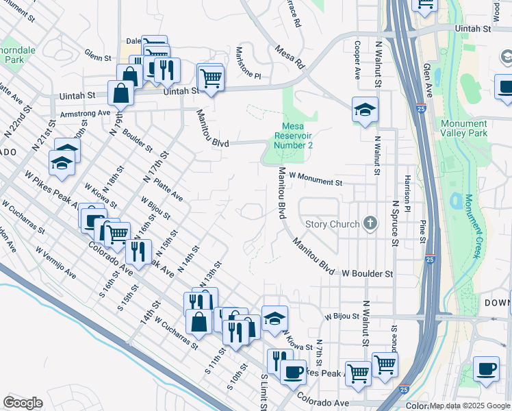 map of restaurants, bars, coffee shops, grocery stores, and more near 575 Observatory Drive in Colorado Springs