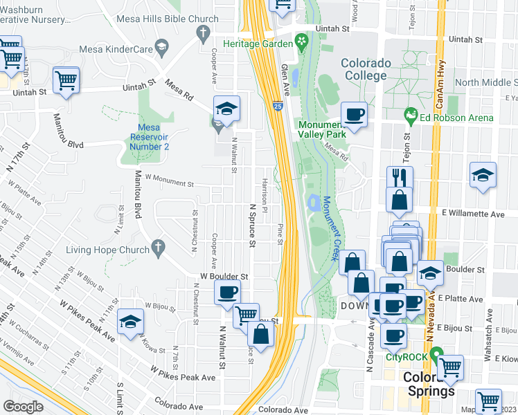 map of restaurants, bars, coffee shops, grocery stores, and more near 619 North Spruce Street in Colorado Springs