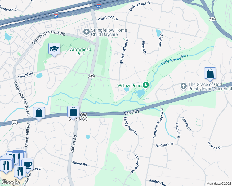 map of restaurants, bars, coffee shops, grocery stores, and more near 5214 Whisper Willow Drive in Fairfax