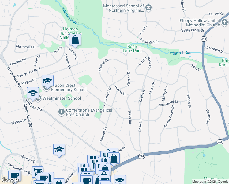 map of restaurants, bars, coffee shops, grocery stores, and more near 3712 Terrace Drive in Annandale