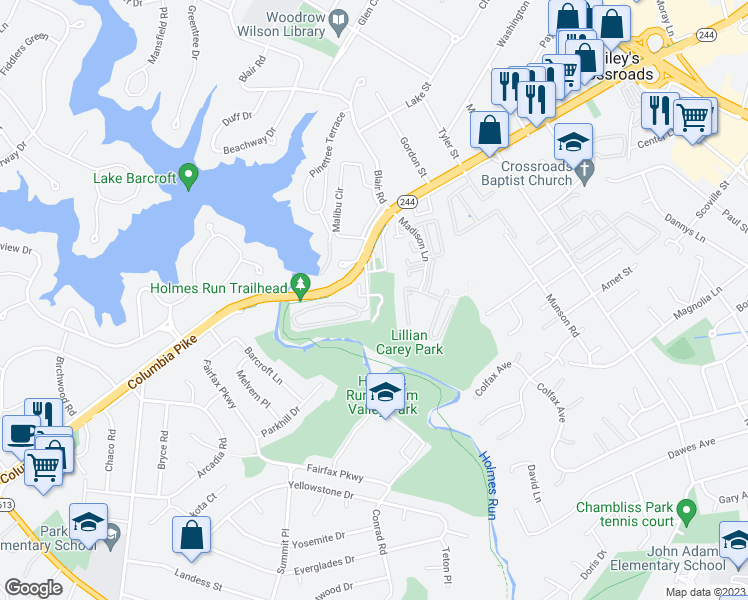 map of restaurants, bars, coffee shops, grocery stores, and more near 6159 Carey Park Lane in Falls Church