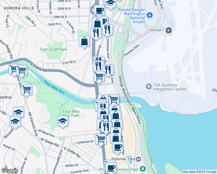 map of restaurants, bars, coffee shops, grocery stores, and more near 3650 South Glebe Road in Arlington