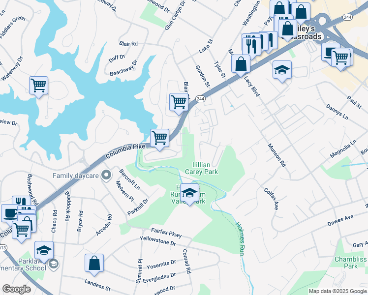 map of restaurants, bars, coffee shops, grocery stores, and more near 6159 Carey Park Lane in Falls Church