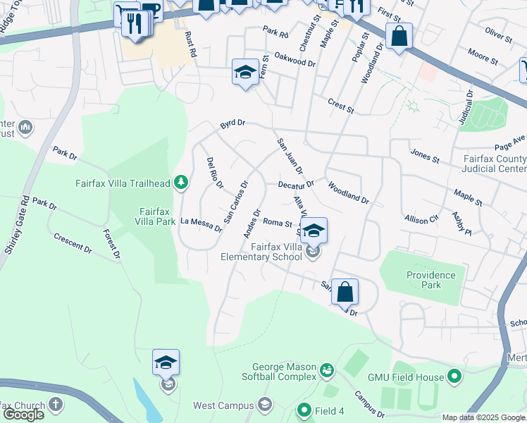 map of restaurants, bars, coffee shops, grocery stores, and more near 4337 Andes Drive in Fairfax