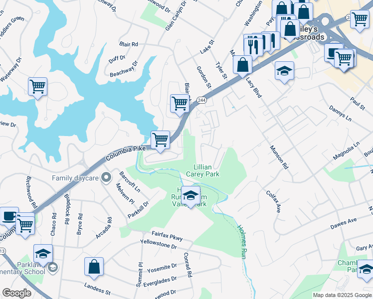 map of restaurants, bars, coffee shops, grocery stores, and more near 6155 Carey Park Lane in Falls Church