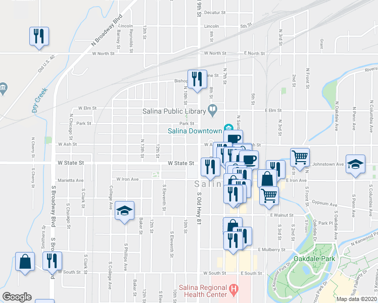 map of restaurants, bars, coffee shops, grocery stores, and more near 152 North 10th Street in Salina