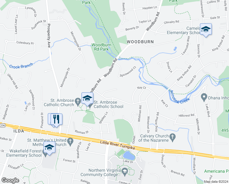 map of restaurants, bars, coffee shops, grocery stores, and more near 8505 Browning Court in Annandale